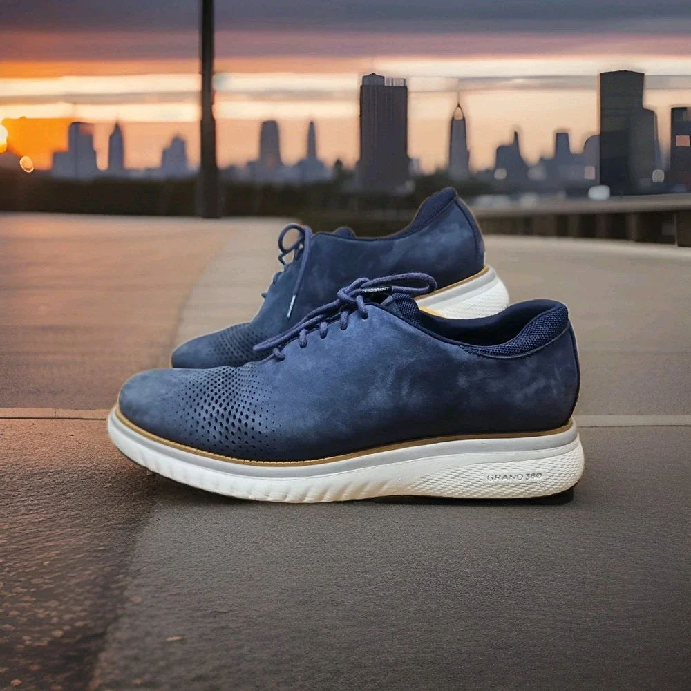 Cole Haan Mens ZeroGrand 360 Laser Wingtip Oxford Shoes Blue Nubuck Mens Size 9